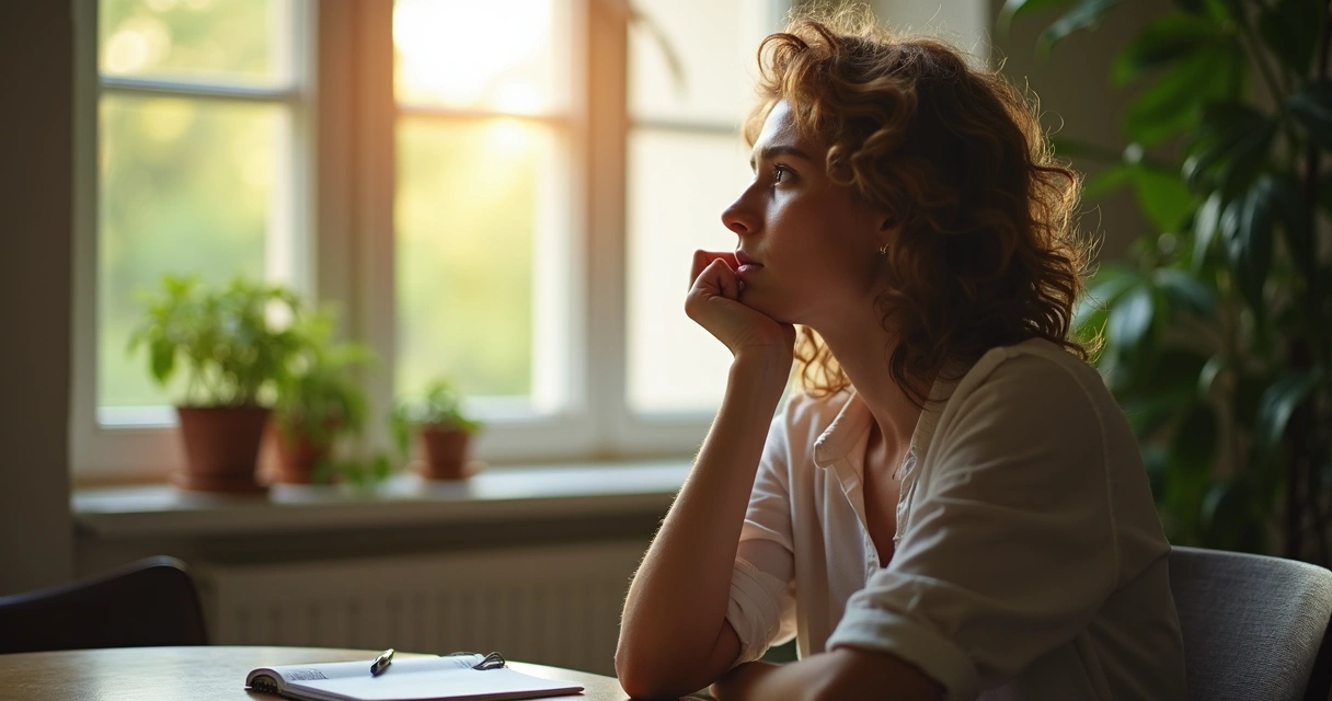 Pessoa olhando pela janela refletindo sobre decisão 