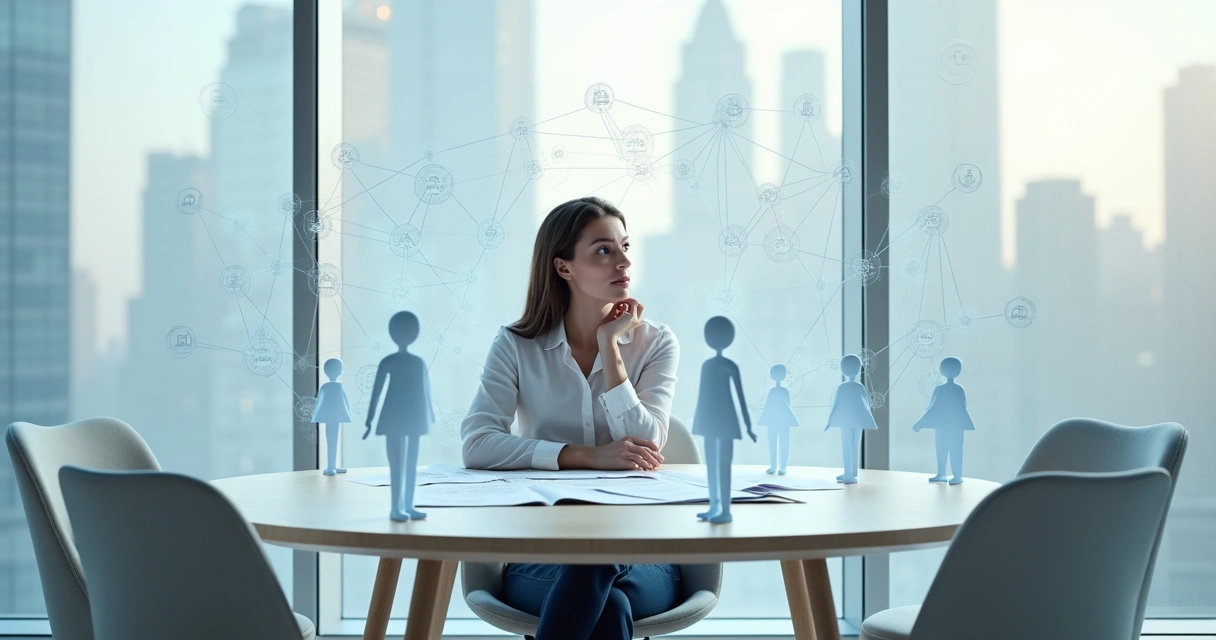 Pessoa sentada refletindo com várias conexões ao redor num ambiente claro 