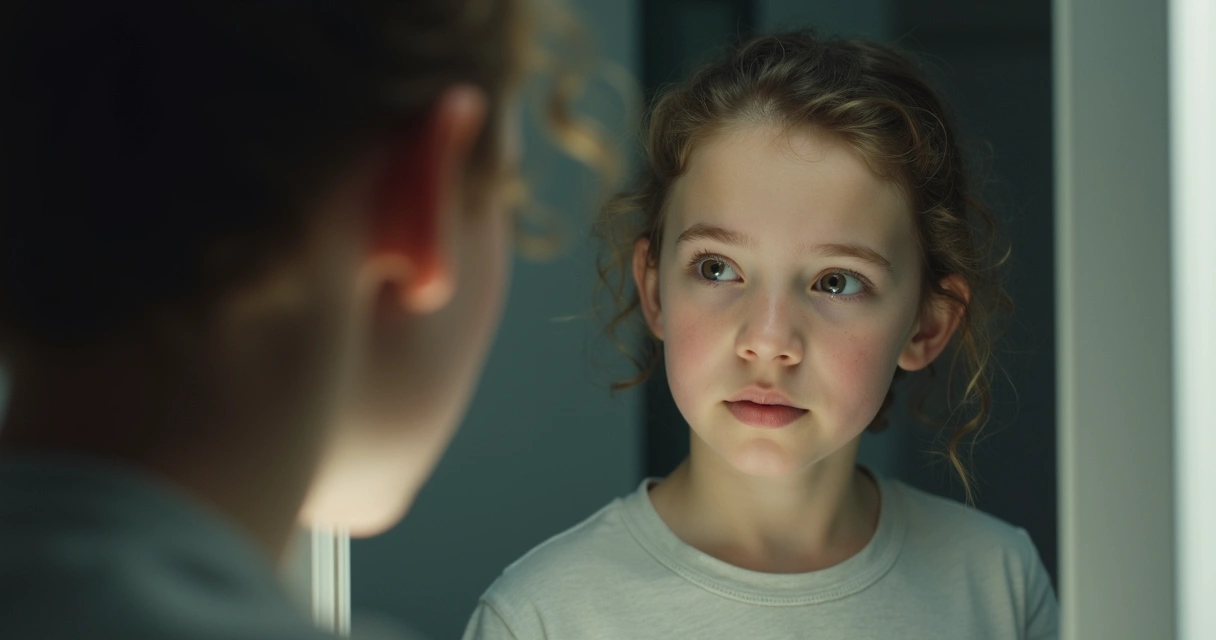 Pessoa olhando para o espelho refletindo imagens da própria infância e dos pais 