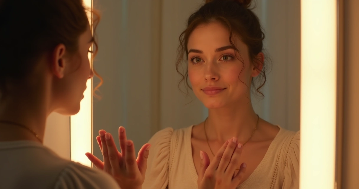 Pessoa em frente ao espelho refletindo calmamente sobre si