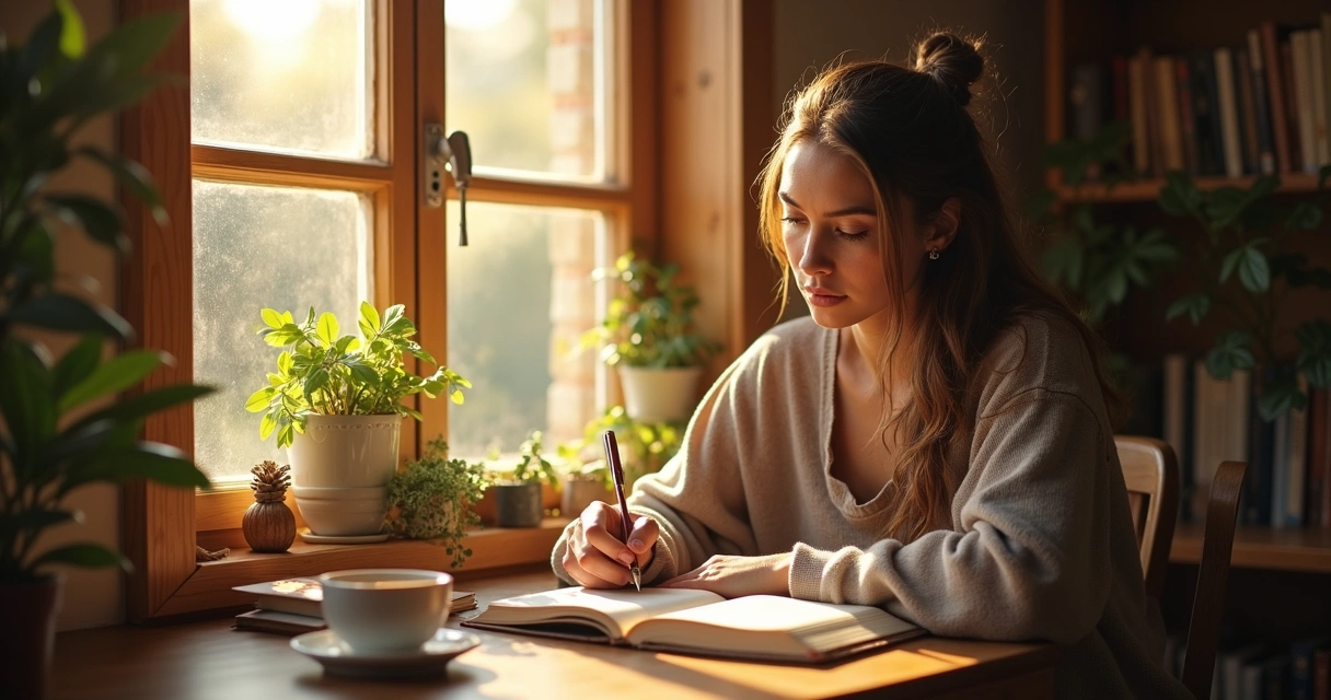 Pessoa escrevendo em diário em ambiente confortável 