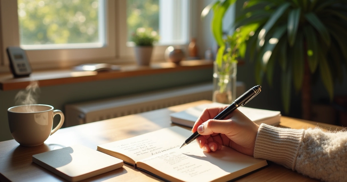 Pessoa refletindo sozinha diante de um caderno