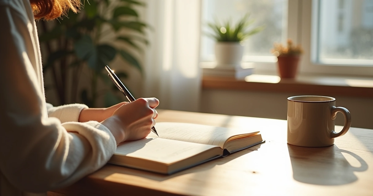 Pessoa escrevendo em diário ao lado de janela com luz suave em momento de reflexão diária 