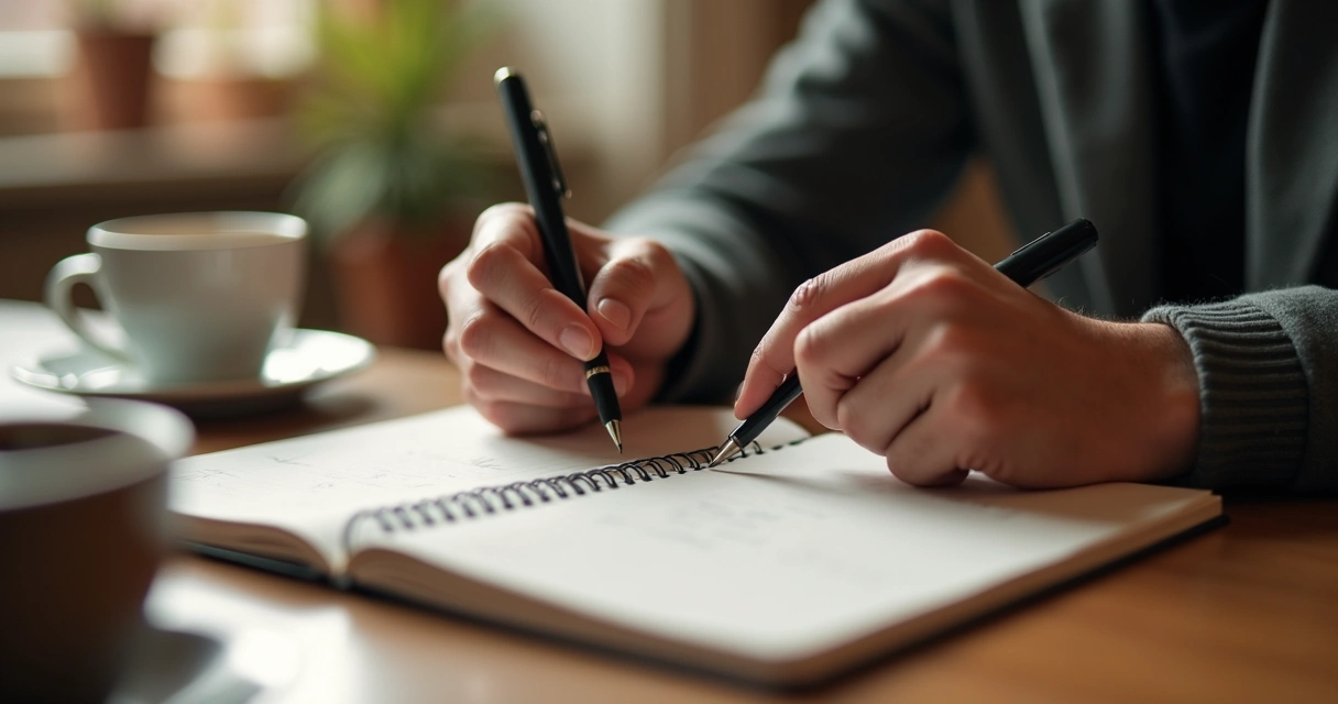 Pessoa escrevendo em caderno com caneta; mãos e caderno em foco 