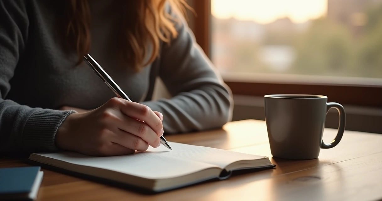 Pessoa escrevendo em um caderno ao lado de uma caneca, com luz suave em ambiente tranquilo