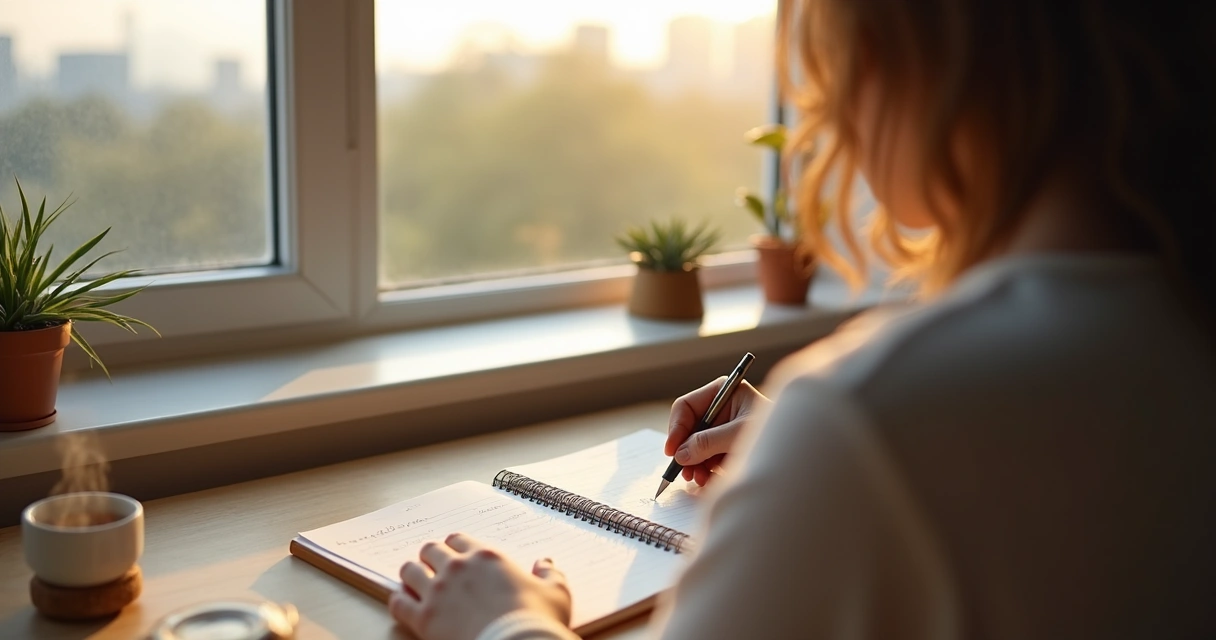 Pessoa escrevendo reflexões em um caderno ao lado de janela com luz suave 