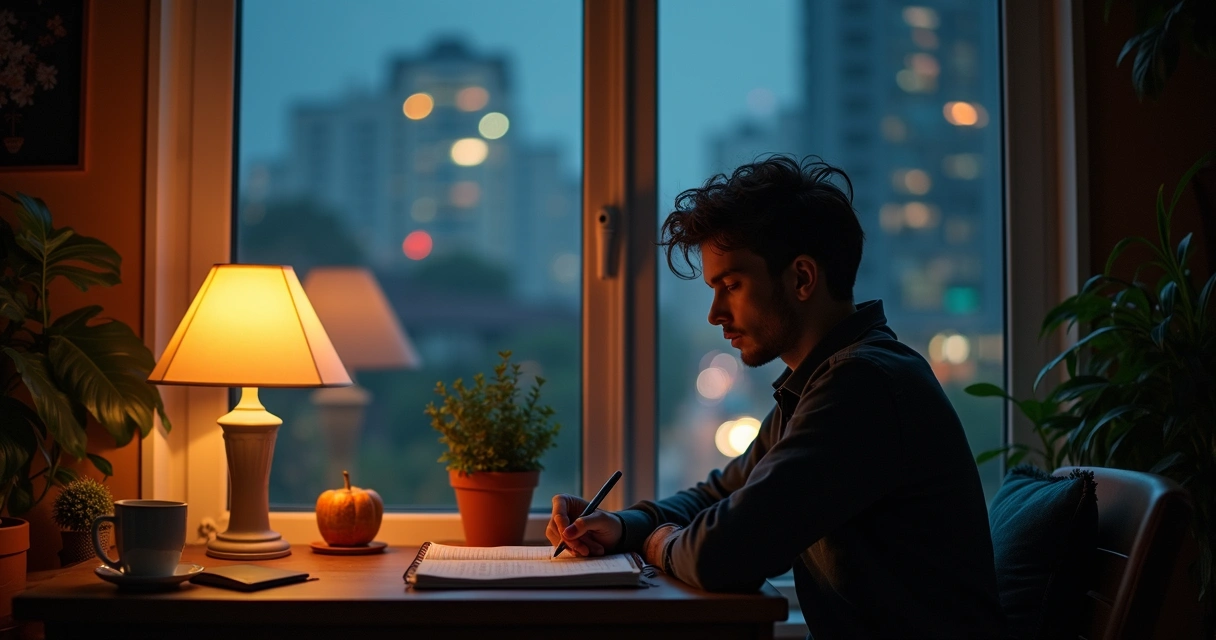 Pessoa sentada junto à janela refletindo com um caderno na mão 