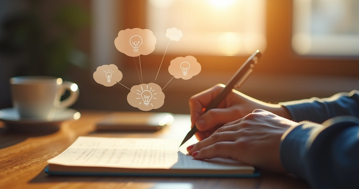 Pessoa escrevendo em caderno ao entardecer, ícones de reflexão ao redor 