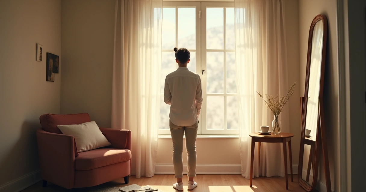 Pessoa refletindo diante de um espelho em ambiente tranquilo 