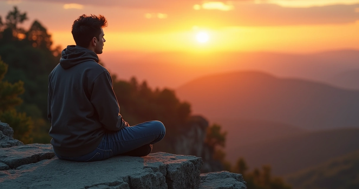 Pessoa sentada, olhando o horizonte em aspecto contemplativo 