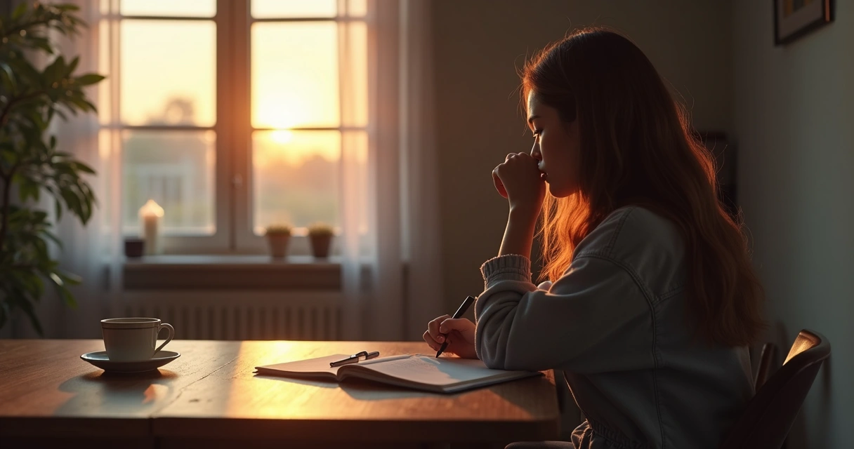 Pessoa sentada à mesa refletindo ao final do dia com caderno aberto 