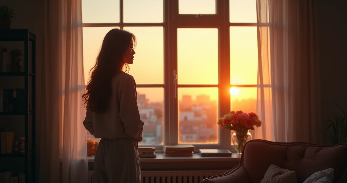 Pessoa olhando pela janela, pensativa, refletindo ao amanhecer 
