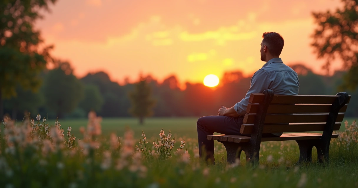 Homem sentado em banco de jardim refletindo ao entardecer 