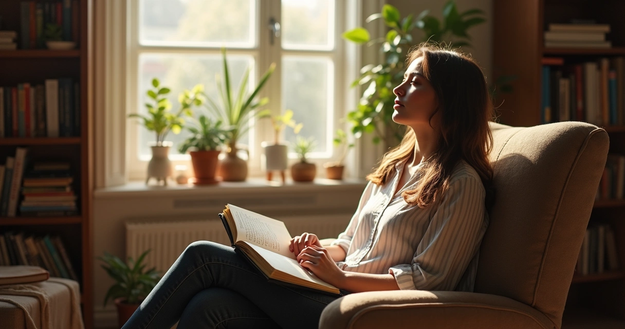 Pessoa refletindo olhando pela janela com caderno no colo 