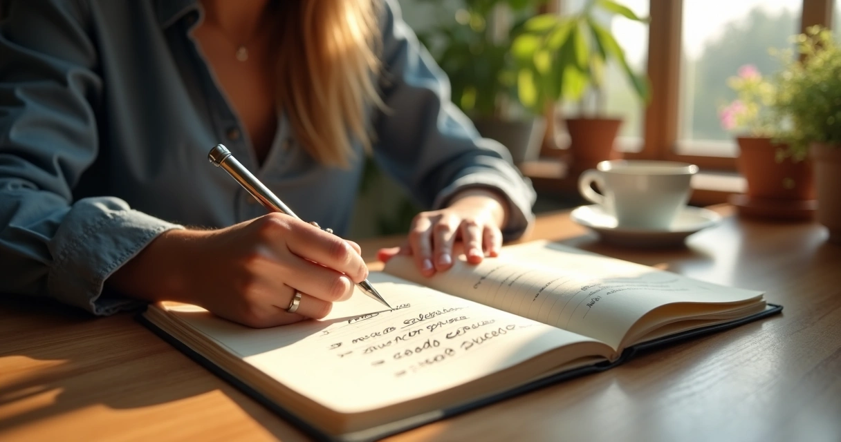 Pessoa escrevendo em diário sobre emoções em ambiente tranquilo e iluminado 