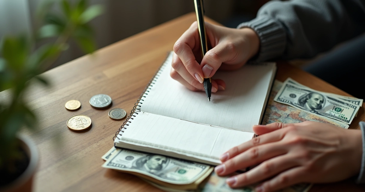 Pessoa refletindo sobre dinheiro com anotações em um caderno