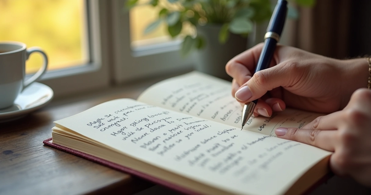 Pessoa escrevendo emoções em dois idiomas em caderno