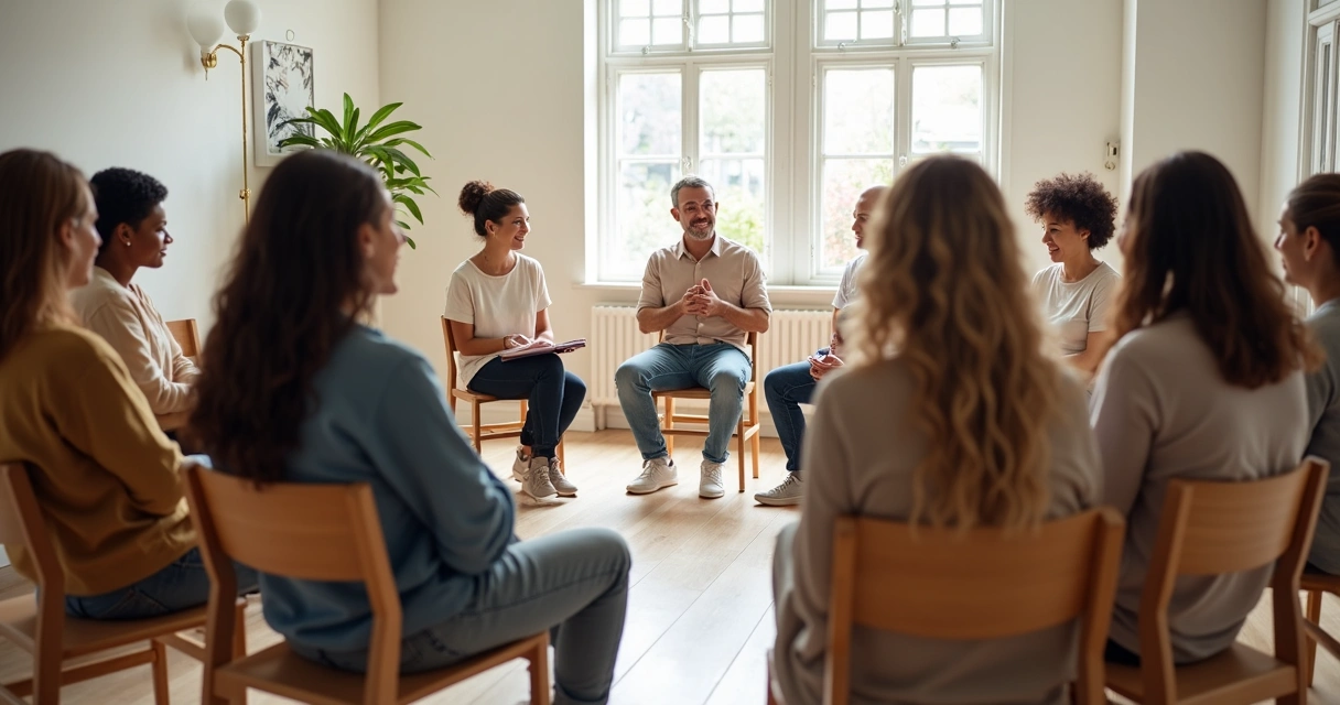 Grupo de pessoas conversando sentados em círculo 