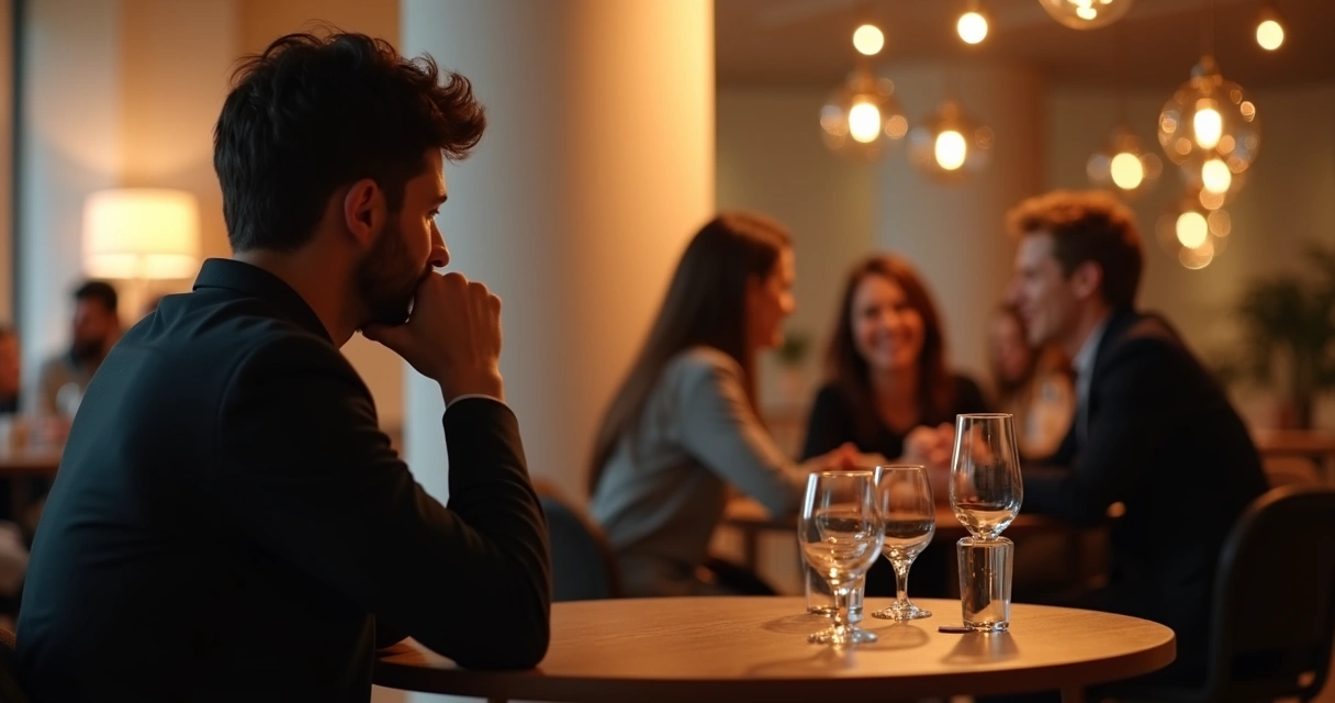 Pessoa sentada sozinha observando um grupo conversando