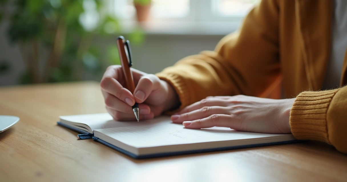 Pessoa escrevendo em caderno após momento de silêncio e reflexão 