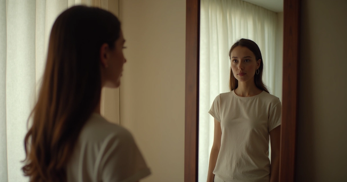 Pessoa olhando para o próprio reflexo no espelho, em momento de reflexão 