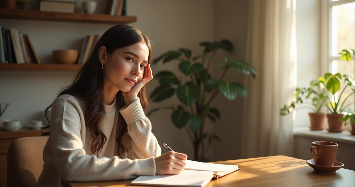 Pessoa refletindo sozinha em um ambiente confortável, olhando para um diário aberto na mesa 