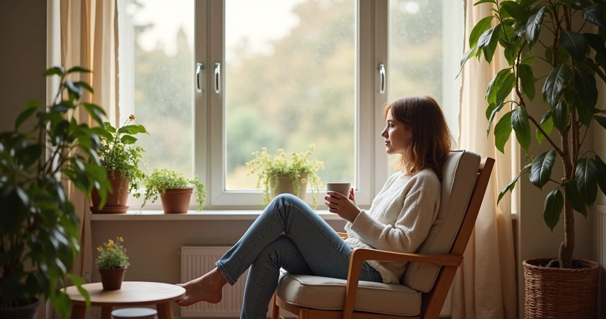 Pessoa sentada em uma cadeira confortável olhando para fora de uma janela com luz natural enquanto segura uma xícara, em uma atmosfera de reflexão tranquila.