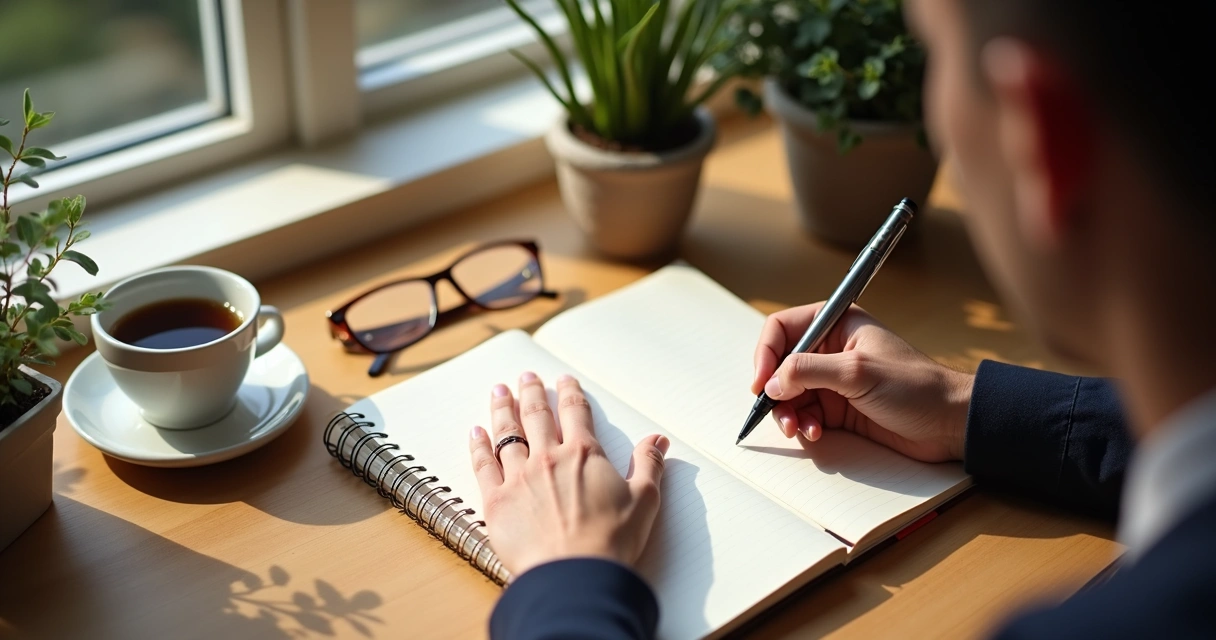 Pessoa escrevendo em caderno durante reflexão emocional. 
