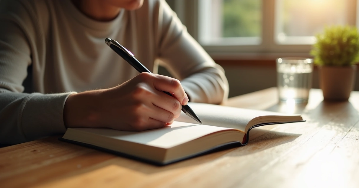 Pessoa escrevendo em caderno durante momento de reflexão