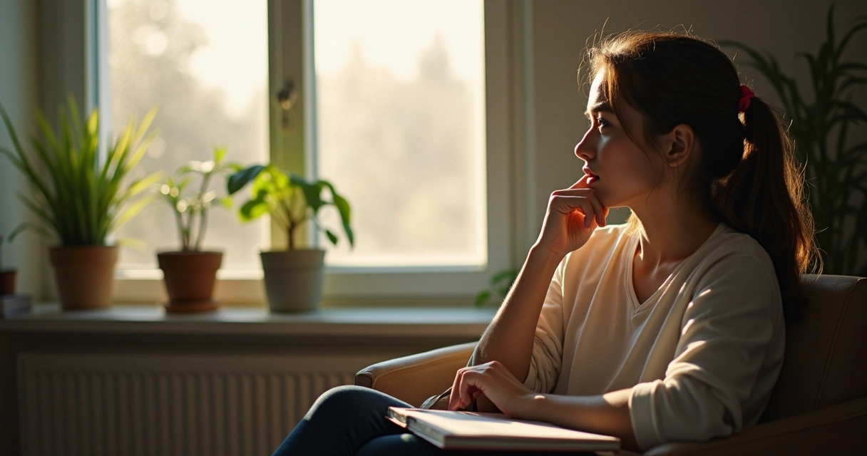 Pessoa olhando pela janela com expressão reflexiva 