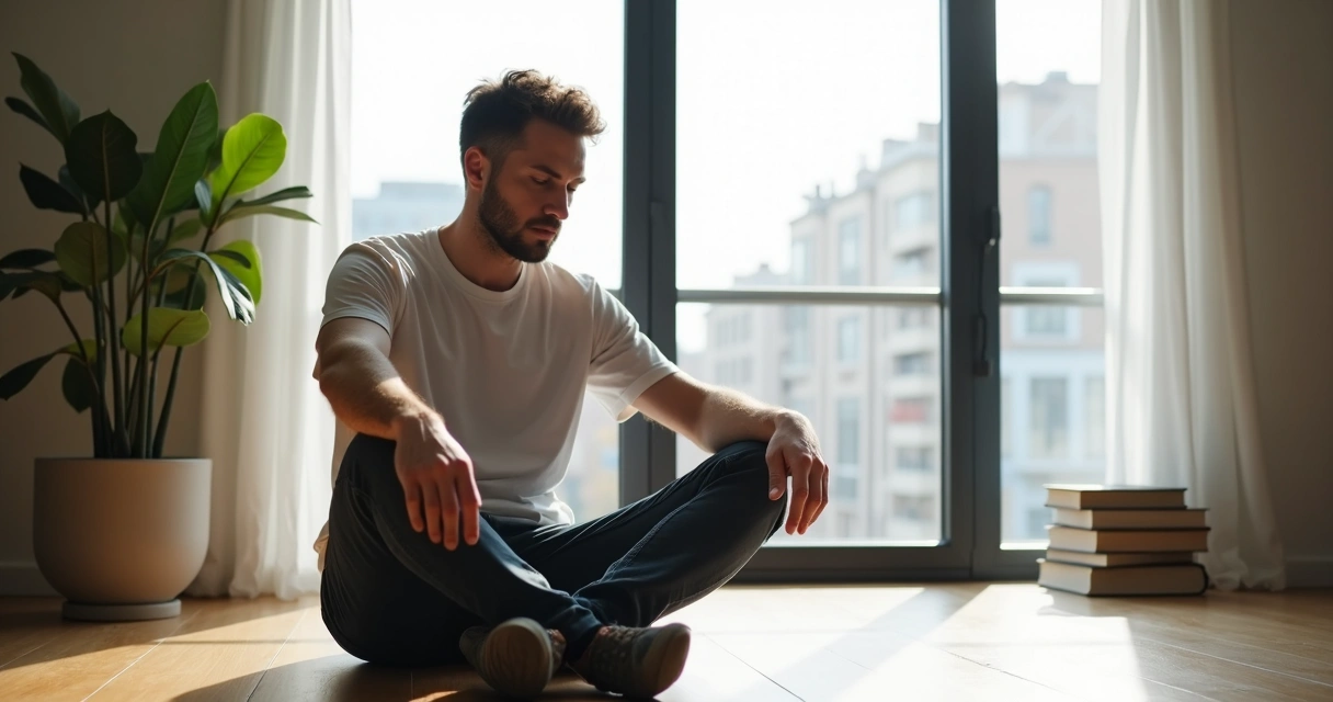 Homem sentado pensando com expressão serena, luz suave vinda da janela 