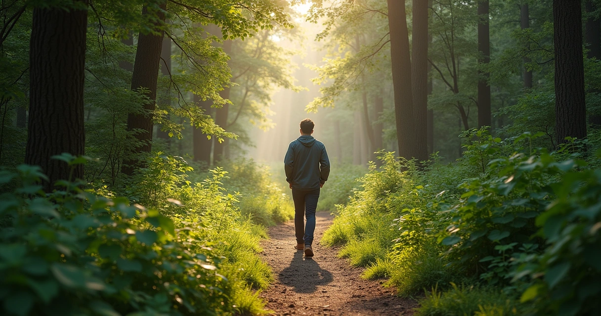 Pessoa caminhando sozinha em uma trilha de floresta 