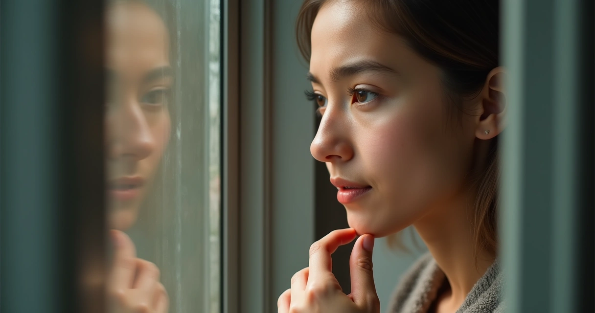 Pessoa olhando para fora de uma janela, mão tocando o vidro, expressão neutra, luz natural e suave, detalhes no fundo sugerem ambiente de tranquilidade