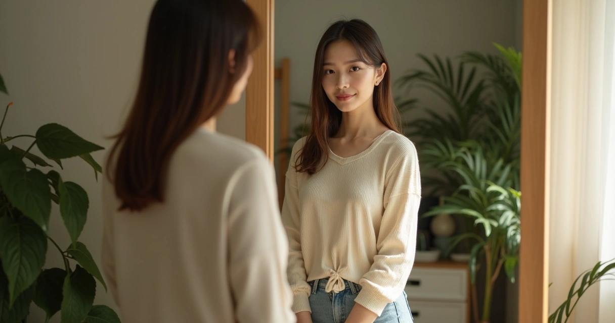 Pessoa refletindo diante do espelho em ambiente tranquilo, expressão serena no rosto 