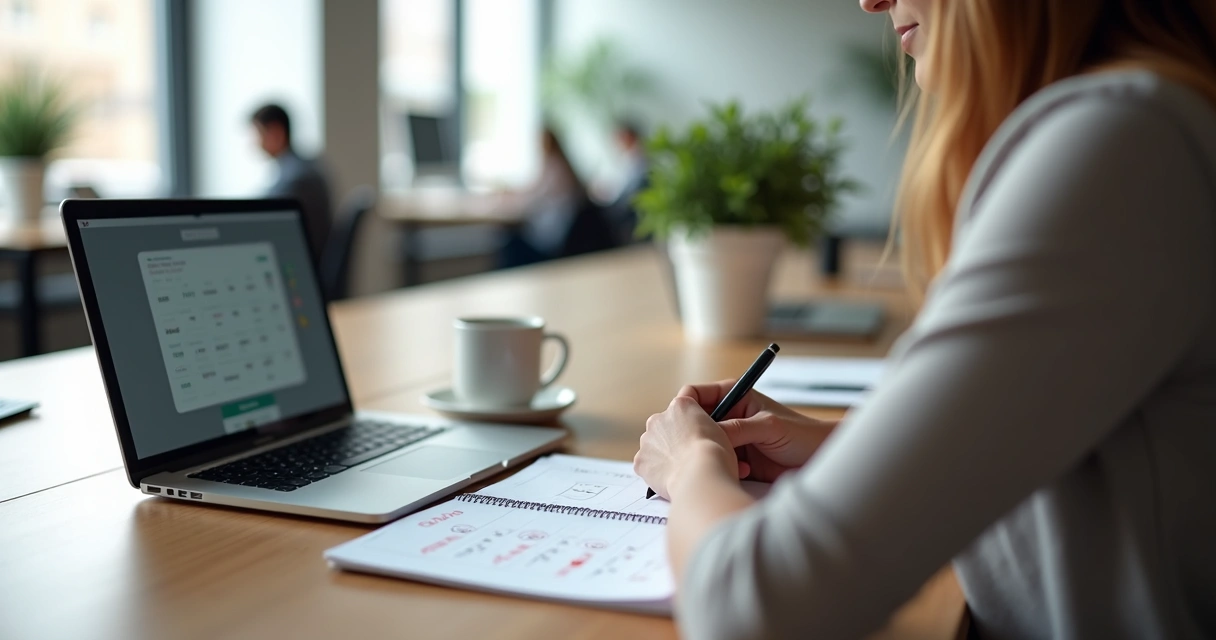 Profissional sentado à mesa de trabalho anotando reflexões em caderno ao lado do computador 