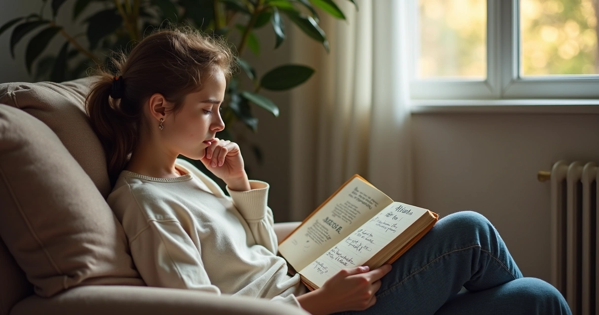 Pessoa refletindo segurando um diário emocional aberto 