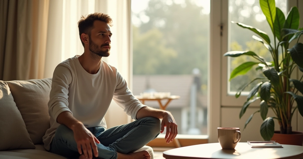 Pessoa sentada em reflexão em ambiente tranquilo 