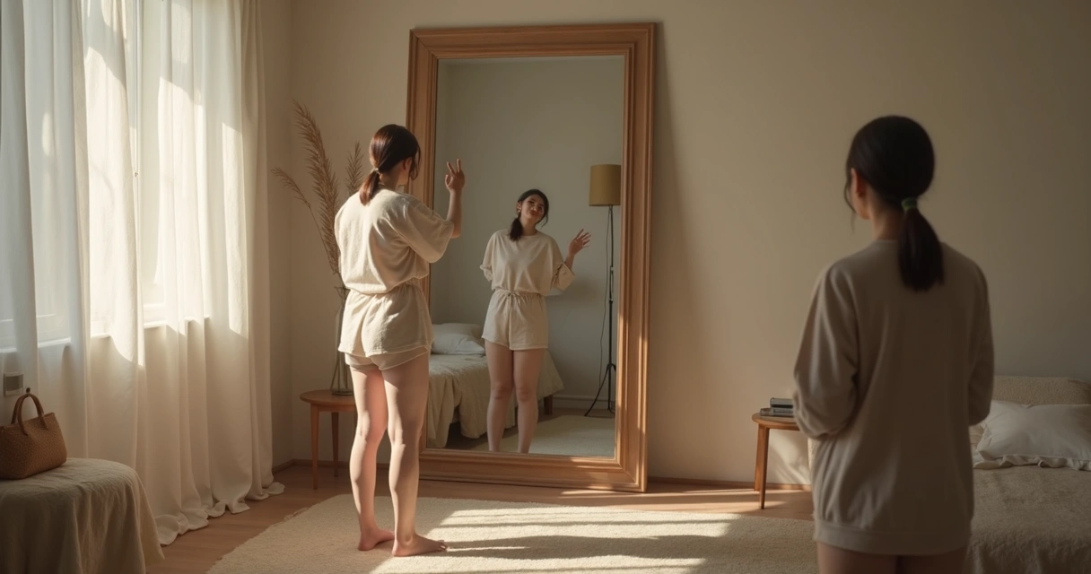 Pessoa olhando seu reflexo em espelho grande em ambiente calmo 