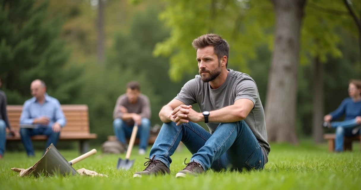 Pessoa sentada ao ar livre refletindo durante trabalho voluntário 