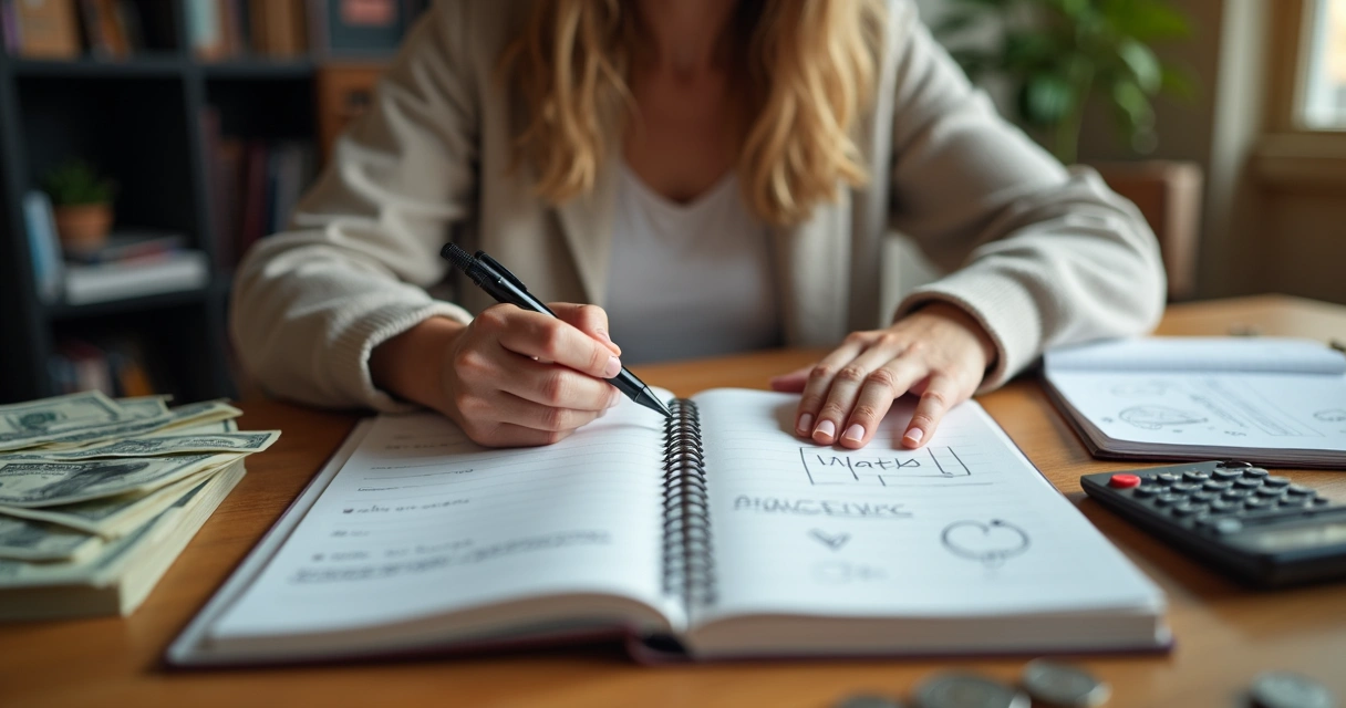 Pessoa olhando para um caderno, refletindo sobre emoções e dinheiro 
