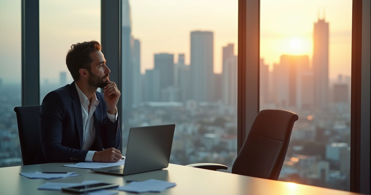 Reflexão em ambiente empresarial, pessoa olhando para janela em sala de reunião 