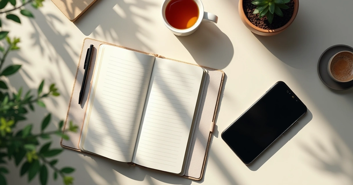 Caderno, celular e xícara em mesa de reflexão