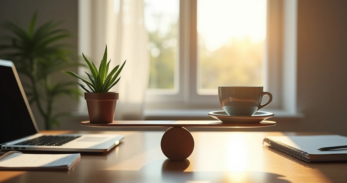 Pessoa equilibrando itens representando trabalho e bem-estar em uma balança 
