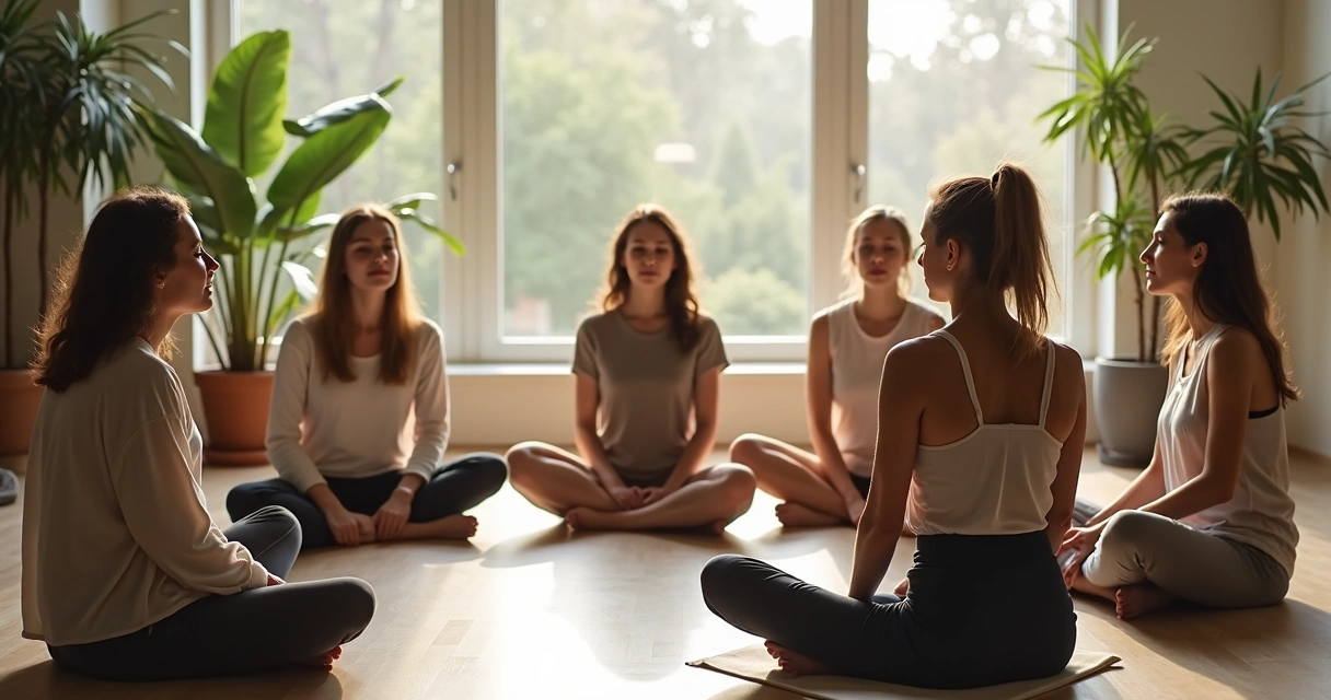 Equipe reunida em círculo praticando momento de reflexão 