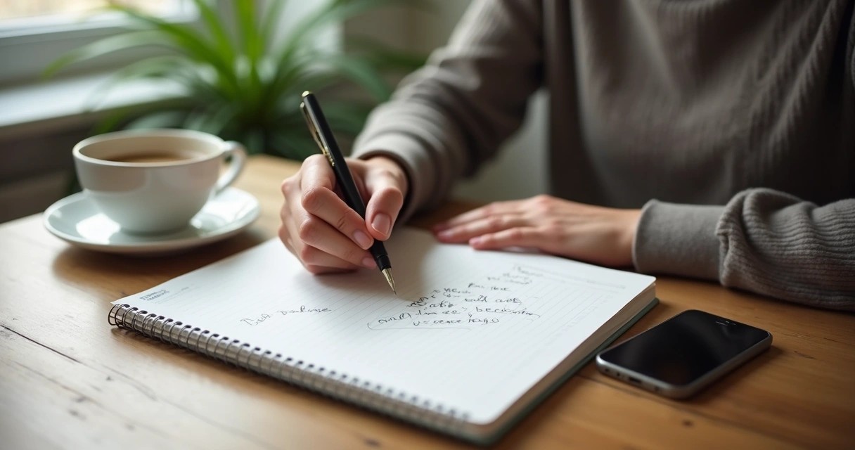 Pessoa escrevendo perguntas em um caderno ao lado de café e celular 