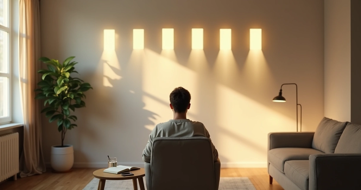 Pessoa contemplando cinco caminhos iluminados projetados em sala de estar ao entardecer 