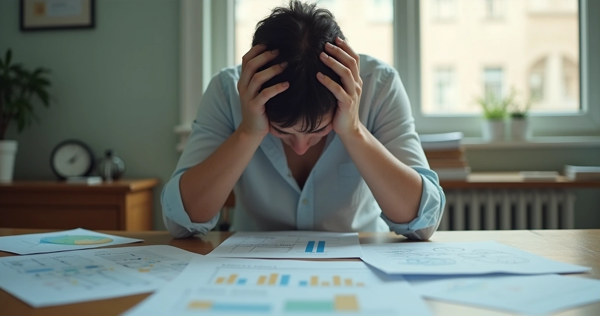 Mesa com papéis e duas mãos segurando a cabeça em reflexão 