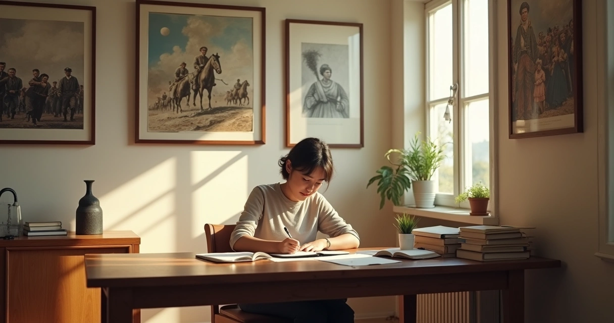 Pessoa refletindo sobre escolhas pessoais diante de quadros de eventos históricos 