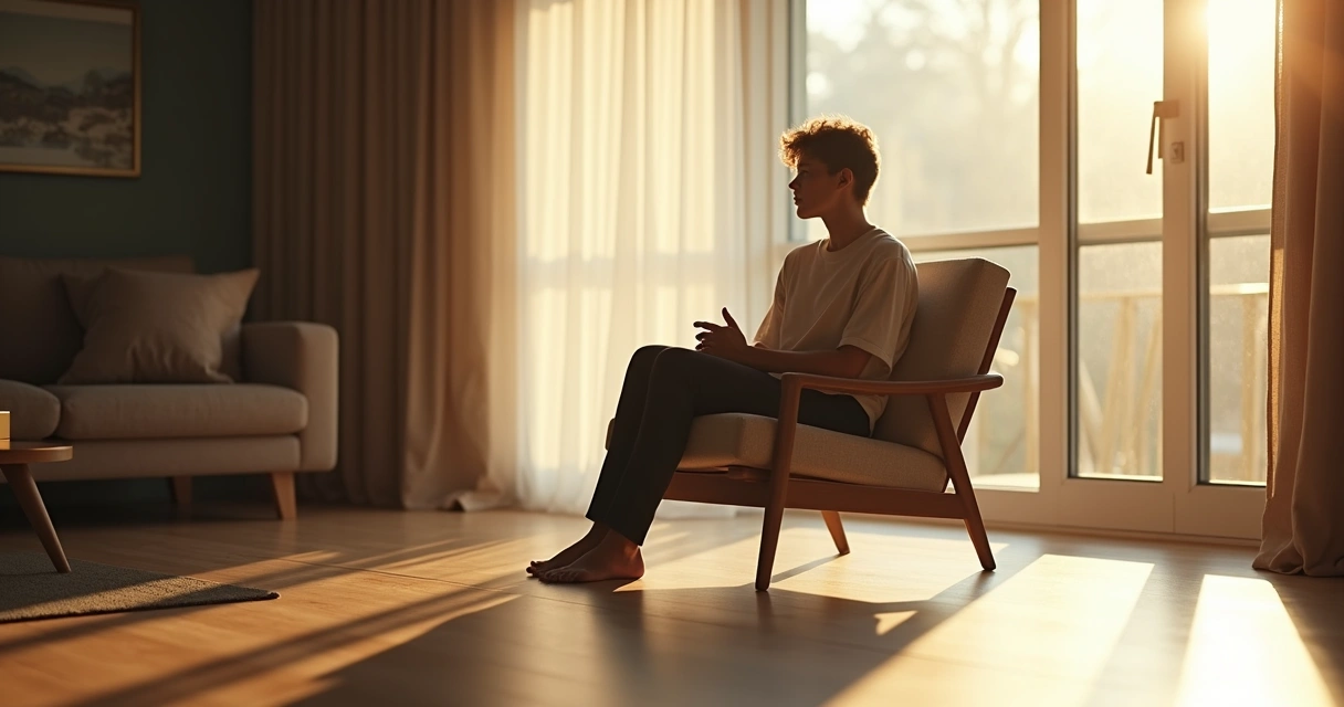 Pessoa sentada em uma sala, refletindo enquanto observa a luz da manhã entrar pela janela 