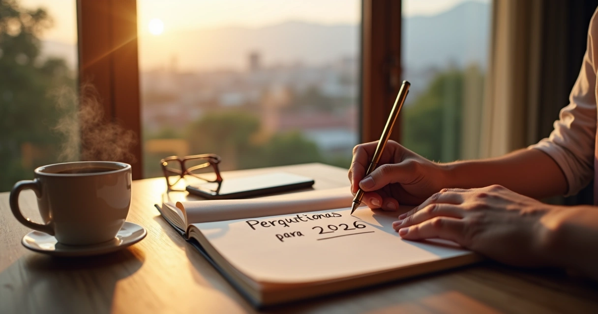 Pessoa escrevendo reflexões de vida em um caderno aberto sobre a mesa 